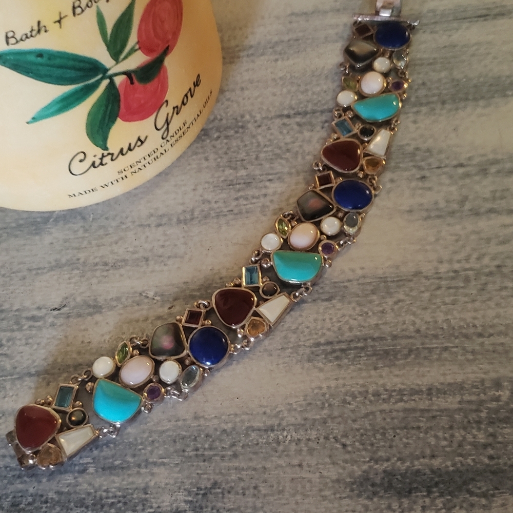 Sterling Silver Multi-Stone Bracelet Carnelian, Topaz, Turquoise, Lapis Stunning - Picture 6 of 10